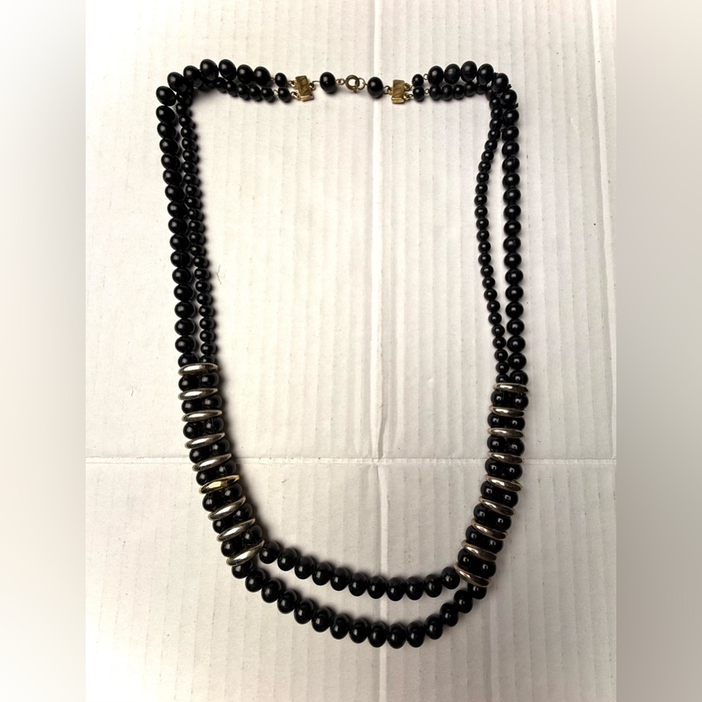 Vintage‎ Napier Necklace 2 Multi Strand Black Lucite Beads Gold Tone Spacers 80s